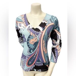 Parisou Top Small Made in USA Retro Mod Paisley Multicolor Long Sleeve V Neck